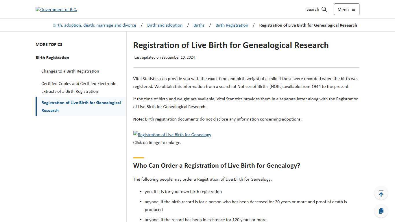 Registration of Live Birth for Genealogical Research - Province of British Columbia